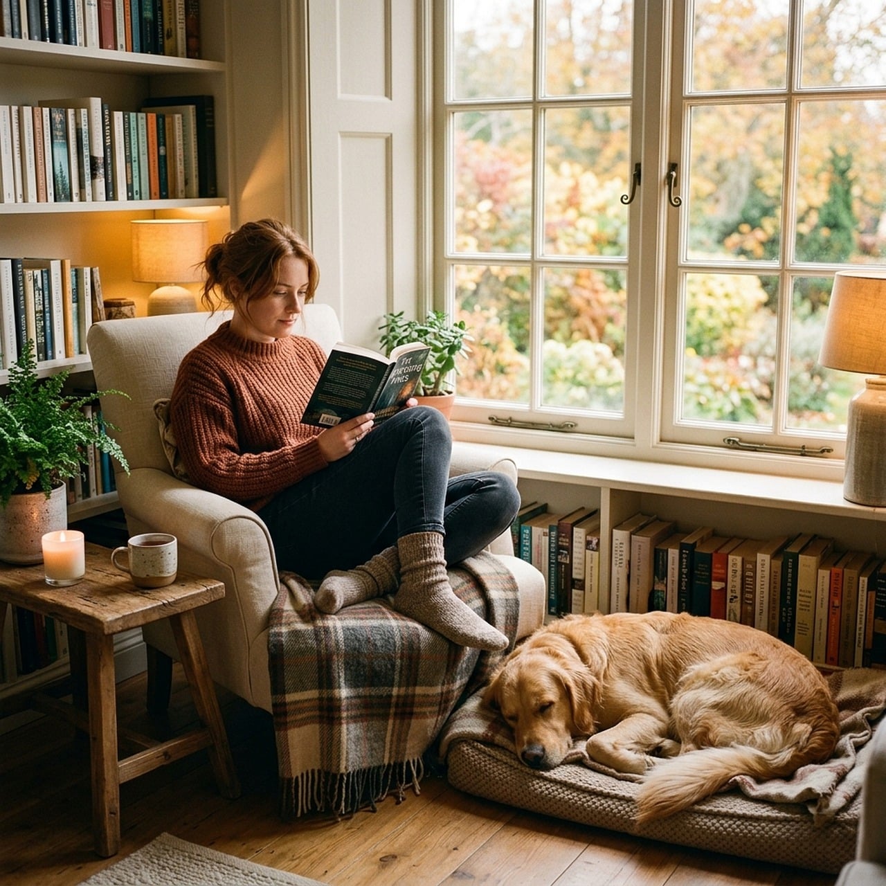 Warme woonkamer in de herfst met condensatie op het raam en een radiator tegen de muur