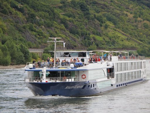 Een riviercruiseschip vaart langs schilderachtige kastelen en wijnbergen op de Rijn in de herfst