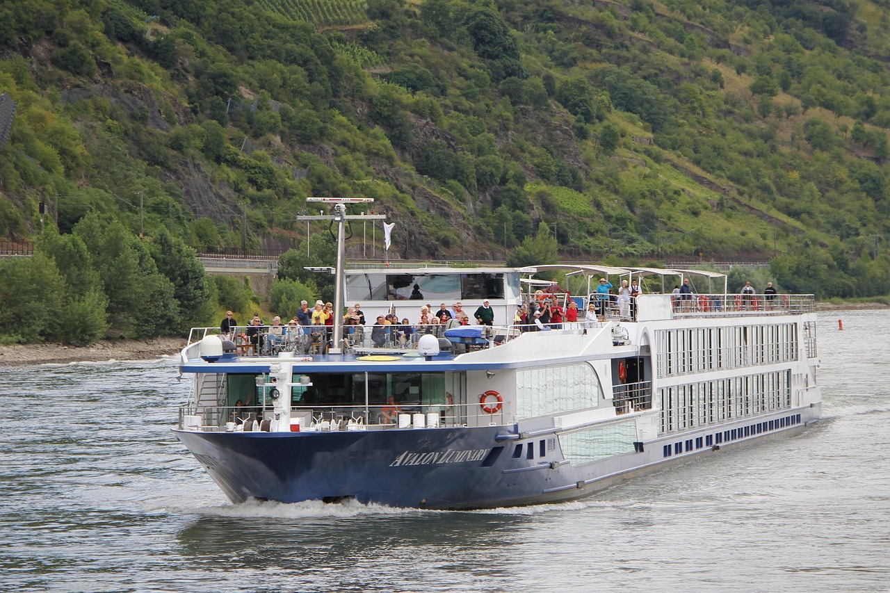 Een riviercruiseschip vaart langs schilderachtige kastelen en wijnbergen op de Rijn in de herfst